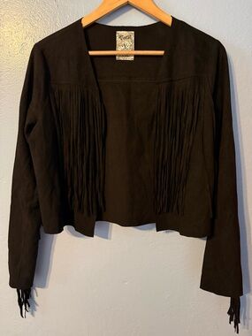 Vocal Black Fringe Suede-Look Open Front Jacket